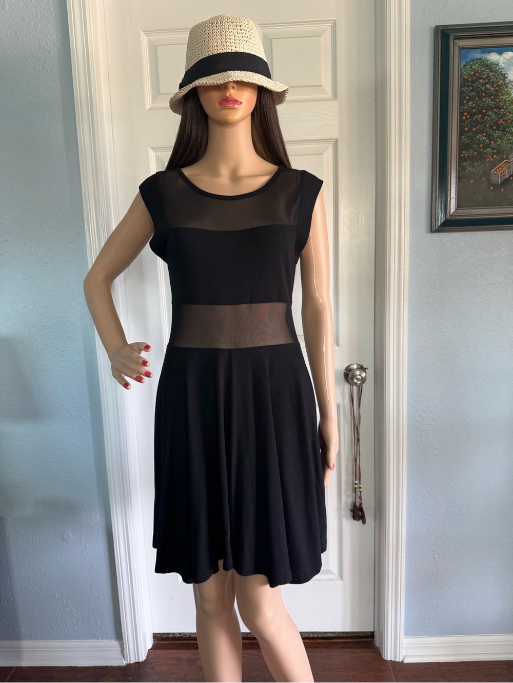 Zenana Outfitters Black Mesh-Inset Fit & Flare Mini Dress